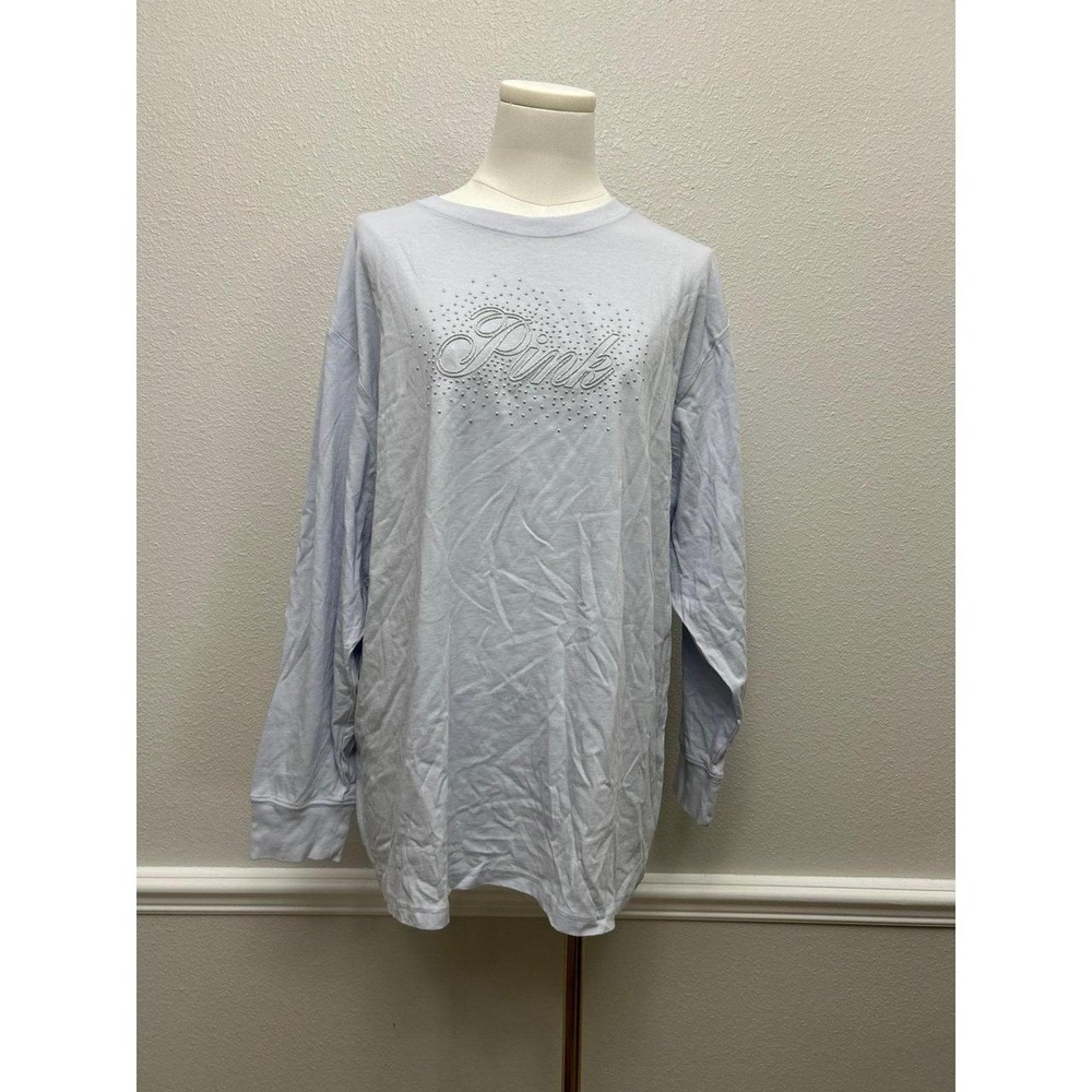 NWT PINK Victoria's Secret Ice Blue Script Logo Long Sleeve Campus Tee Large